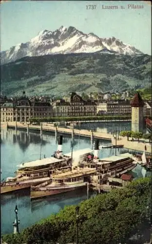 Ak Lucerne Luzern Stadt Schweiz, Blick auf  Pilatus, Schiffe im Hafen, Berge im Hintergrund