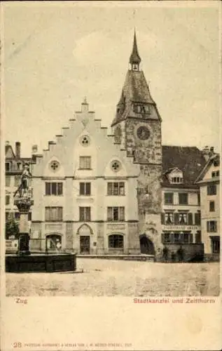 Ak Zug Stadt Schweiz, Stadtkanzlei, Zeitthurm,  Architektur, Statue, nmotiv