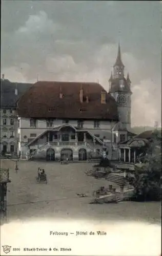 Ak Fribourg Freiburg Stadt Schweiz, Gebäude Hôtel de Ville, Platz, Uhrturm,  Architektur