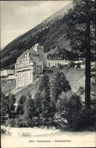 Ak Pontresina Kanton Graubünden Schweiz, Schlosshotel, Berglandschaft, Wälder