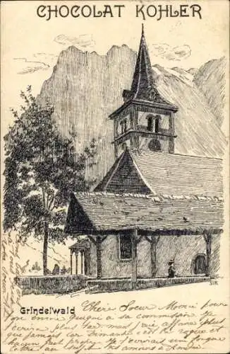 Ak Grindelwald Kanton Bern, Kirkenturm, Berge, Bäume, postale Karte, Chocolat Kohler