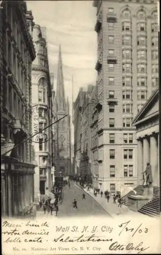 Ak New York City USA, Wall Street, belebte Straße, Gebäude, Menschen, Stadtszene, 