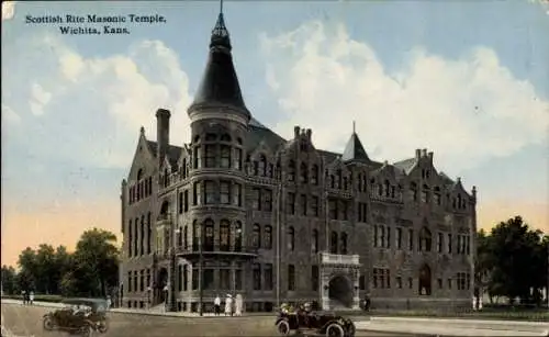 Ak Wichita Kansas USA, Scottish Rite Masonic Temple,  Architektur, Autos