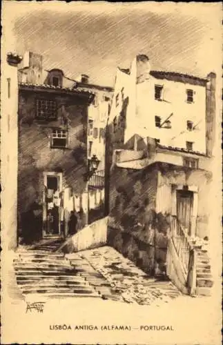 Ak Lisboa Lissabon Portugal, Zeichnung einer alten Straße, Häuser, Flaggen, urbanes Umfeld