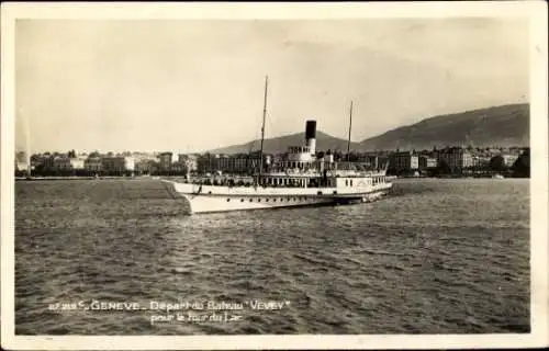 Ak Genf Kanton Schweiz, Lac Leman, Dampfschiff VEVEY, Abfahrt, See, Berge im Hintergrund