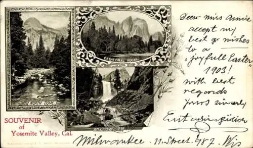 Ak Yosemite National Park Kalifornien USA, NORTH DOME, CATHEDRAL ROCKS, VERNAL FALL, Souvenir