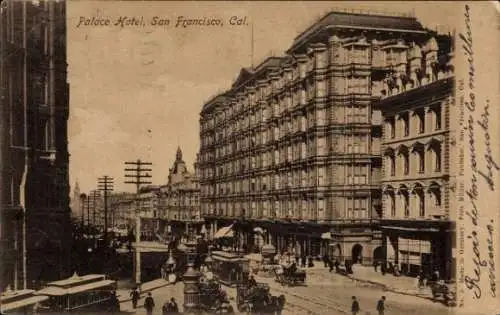 Ak San Francisco Kalifornien USA, Palace Hotel,  Architektur, Straßen mit Pferdekutschen
