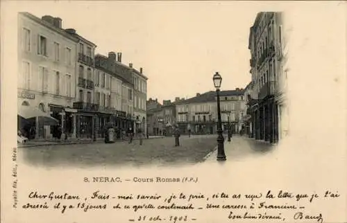 Ak Nerac Lot et Garonne, Moulin de Barbaste, Straße Cours Romas,  Gebäude, Schwarz-Weiß-Fotografi