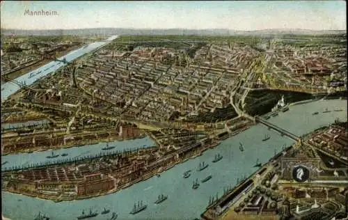 Ak Mannheim in Baden, Luftaufnahme von  Flüsse und Hafenansicht, Schiffe auf dem Wasser
