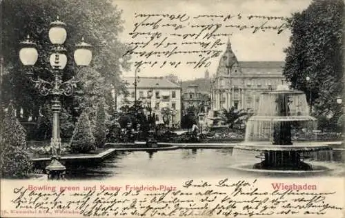 Ak Wiesbaden in Hessen, Bowling green, Kaiser Friedrich-Platz, Brunnen, Laternen