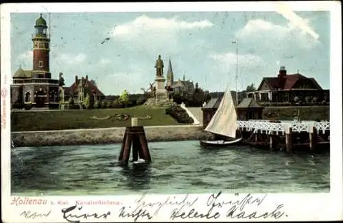 Ak Holtenau Kiel in Schleswig Holstein, Kanalmündung, Denkmal, Leuchtturm, Segelboot