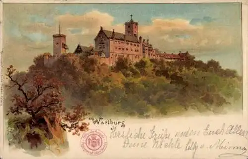 Ak Lutherstadt Eisenach in Thüringen, Wartburg, Wartburg auf einem Hügel, farbenfrohe Illustratio