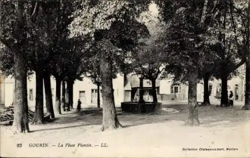 Ak Gourin Morbihan, Platz mit Bäumen und Brunnen, ruhige Szenerie,  