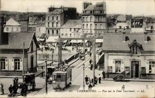 Ak Cherbourg Manche, Pont Tournant, Straßenbahn