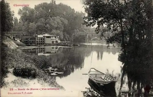 Ak Champigny sur Marne Val de Marne, Flussansicht, Haus am Ufer, Brücke, Boot