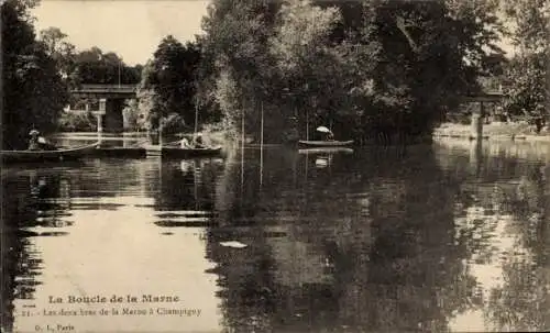 Ak Champigny sur Marne Val de Marne, La Boucle de la Marne, zwei Boote auf ruhigem Wasser, Brücke