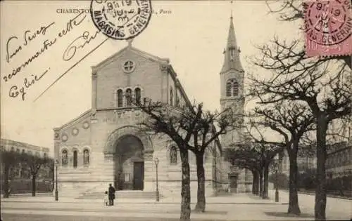 Ak Charenton le Pont Val de Marne, Kirche, Baumallee, Poststempel, früherer Stil, Architekturelem