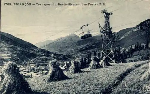 Ak Briançon Briancon Hautes-Alpes, Transport des Ravitaillement des Forts, Berglandschaft, Seilba
