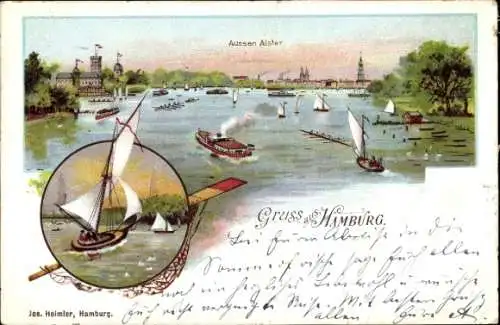 Litho Hamburg, Blick über die Außenalster, Segelboote, Dampfer