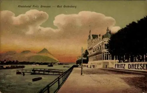 Ak Bad Godesberg Bonn am Rhein, Rheinhotel Fritz Dreesen,  Fluss, Berge, sonniger Himmel