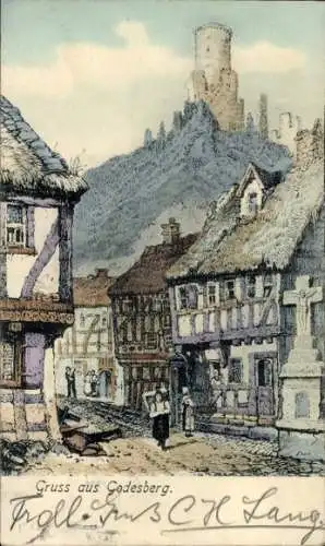 Ak Bad Godesberg Bonn am Rhein, Zeichnung einer Straßenansicht, Godesberg Burg im Hintergrund,  H