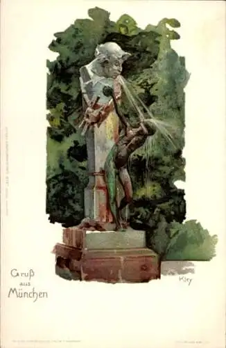 Künstler Litho Kley, Heinrich, München Bayern, Satyrenbrunnen