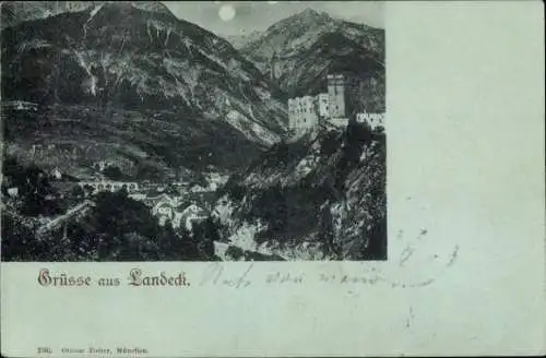 Ak Landeck Teningen im Schwarzwald, Schwarze Felsen, Burg, Mond, Dorf, Fluss, Alpenlandschaft