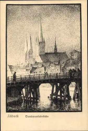 Ak Hansestadt Lübeck, Darstellung der Dankwartsbrücke,  Gebäude, Wasseransicht, Zeichnung