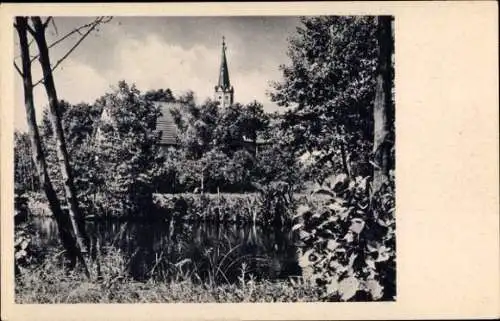 Ak Birkenwerder an der Nordbahn, Fließ, Blick auf Kirche, Wasser, Bäume, fotografie