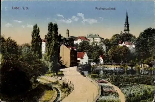 Ak Löbau in Sachsen, Partie am Funkenburgteich, Kirche 