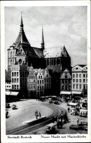 Ak Hansestadt Rostock, Neuer Markt, Marienkirche, Seestadt   Architektur
