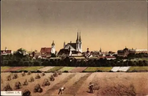 Ak Cöthen Köthen in Anhalt, Stadtansicht, Kathedrale, Felder, Menschen bei der Arbeit