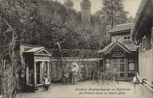 Ak Bad Frankenhausen am Kyffhäuser Thüringen, Soolbad  Elisabeth-Quelle, Bäume, Gebäude, Personen