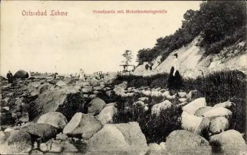 Ak Lohme auf Rügen, Strand, Motorbootanlegestelle