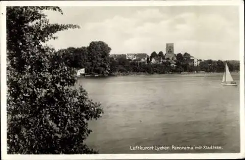 Ak Lychen in der Uckermark, Luftkurort  Panorama mit Stadtsee, Segelboot, Bäume