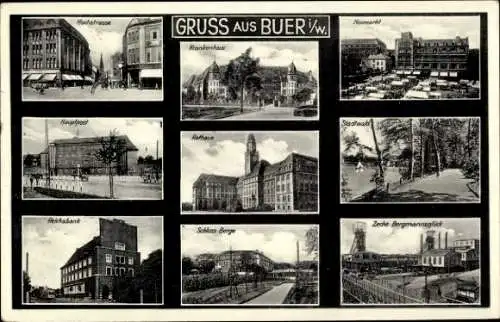 Ak Buer Gelsenkirchen im Ruhrgebiet, Schloss Berge, Hochstrasse, Neumark, Krankenhaus, Hauptpost,