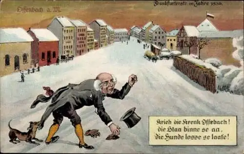 Ak Offenbach am Main Hessen, Historische Szene aus  Schnee, Hund, Mann mit Hut, 1836