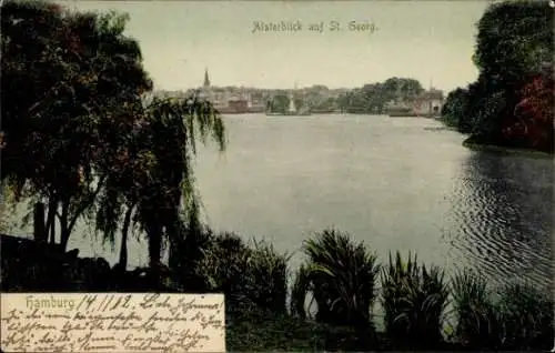 Ak Hamburg Mitte St. Georg, Alsterblick, St. Georg, ruhige Wasserlandschaft, Bäume, Stadtansicht
