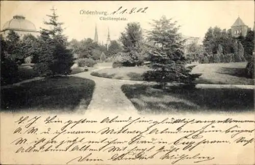 Ak Oldenburg in Holstein, Cäcilienplatz, Gartenlandschaft, Bäume, Kuppelgebäude