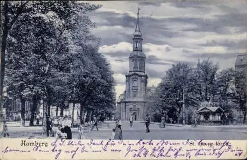 Ak Hamburg Mitte St. Georg, St. Georg Kirche, Bäume, Menschen auf der Straße