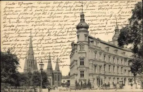 Ak Oldenburg im Großherzogtum Oldenburg, Schloss  zwei Kirchen,  Architektur, handgeschriebener T