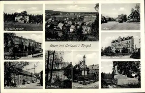 Ak Gelenau im Erzgebirge, Genesungsheim, Teilansicht,  Niedere Schule, Mark, Gasthof Katze...