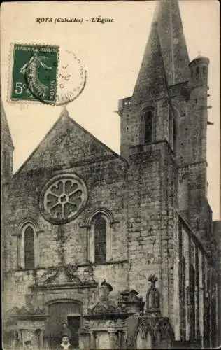 Ak Rots Calvados, Historische Kirche, detaillierte Steinfassade, postale Abbildung, Stufen