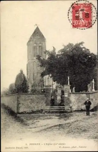 Ak Potigny Calvados, Kirche, l'Eglise,  Architektur, Männer in Kleidung, Baum