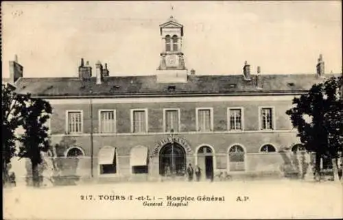 Ak Tours Indre et Loire, Hospice Général, Schwarz-Weiß Fotografie, Gebäude mit Uhrenturm