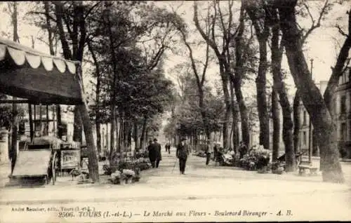 Ak Tours Indre et Loire, Straße mit Bäumen, Marktstände, Spaziergänger