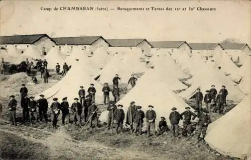 Ak Chambaran Isère, Zeltlager mit Soldaten, Camp de Chambaran, 12. und 30. Jäger