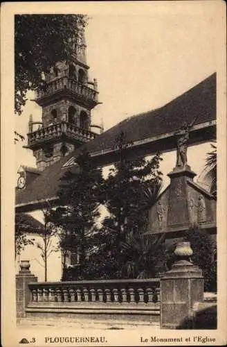Ak Plouguerneau Finistère, Monument und Kirche,  Architektur, Garten, Statue