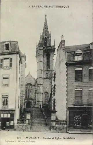 Ak Morlaix Finistère, Eglise St-Melaine, Treppe, arquitetura, Sammlung A. Waron, St-Brieuc