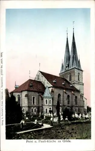 Ak Göda in der Oberlausitz, Petri u. Pauli-Kirche, zwei Türme,  Ansicht, Friedhof